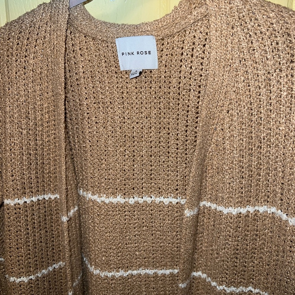 Pink Rose Tan & White Sweater Knit Long Sleeve Cardigan Open Front Size S - Picture 6 of 14